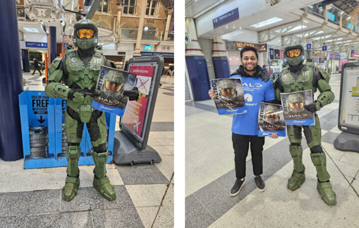 Master Chief hands out Metro with mirror board cover to promote HALO season 2